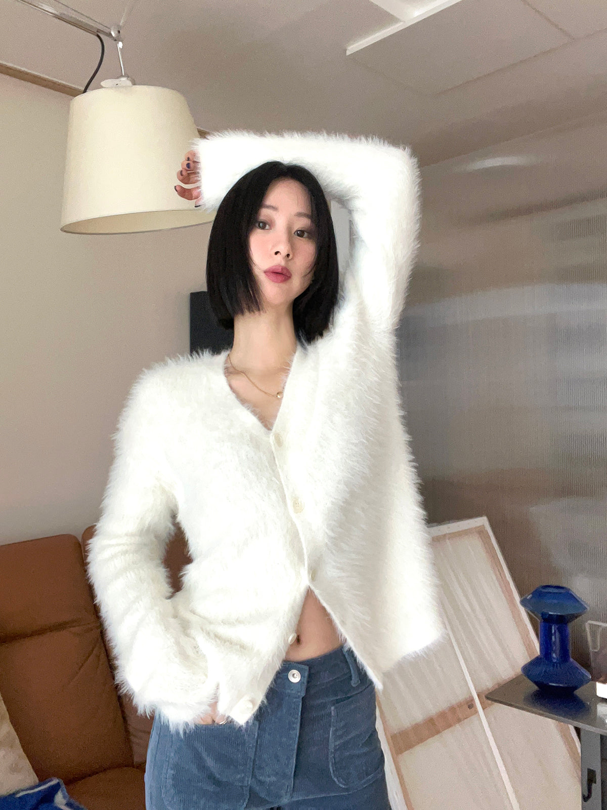 Fuzzy v-neck cardigan