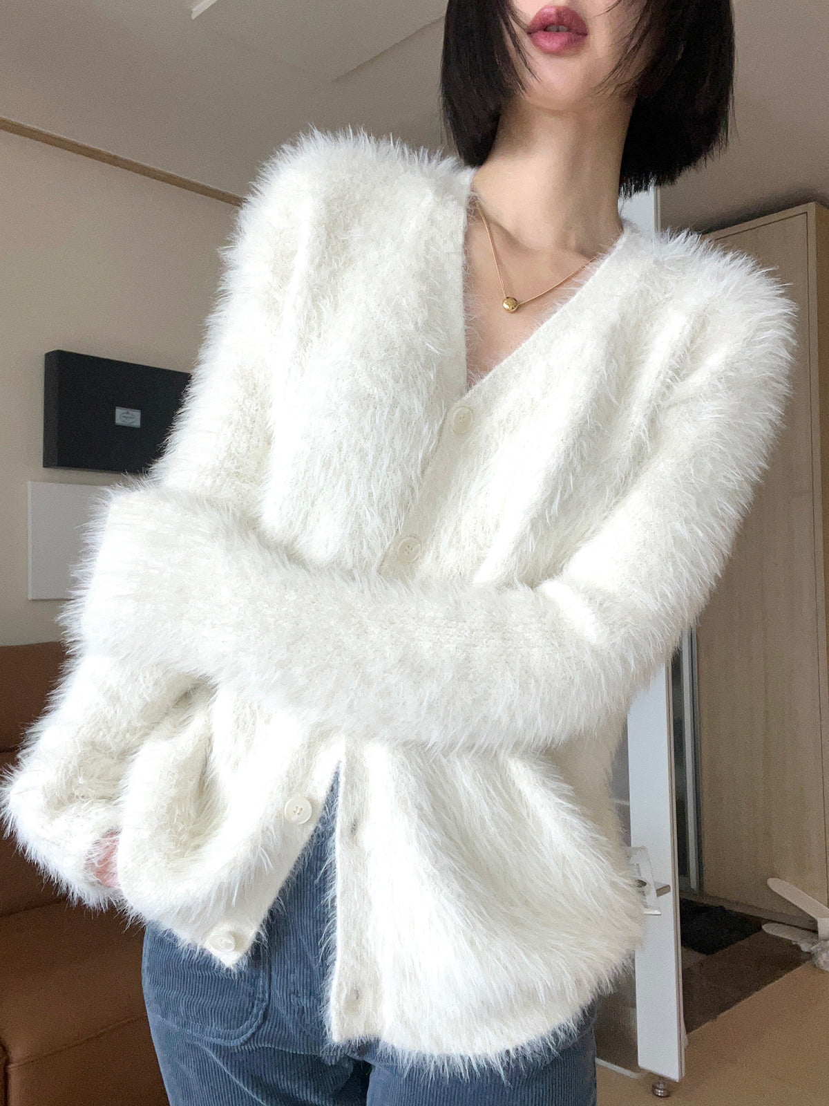 Fuzzy v-neck cardigan