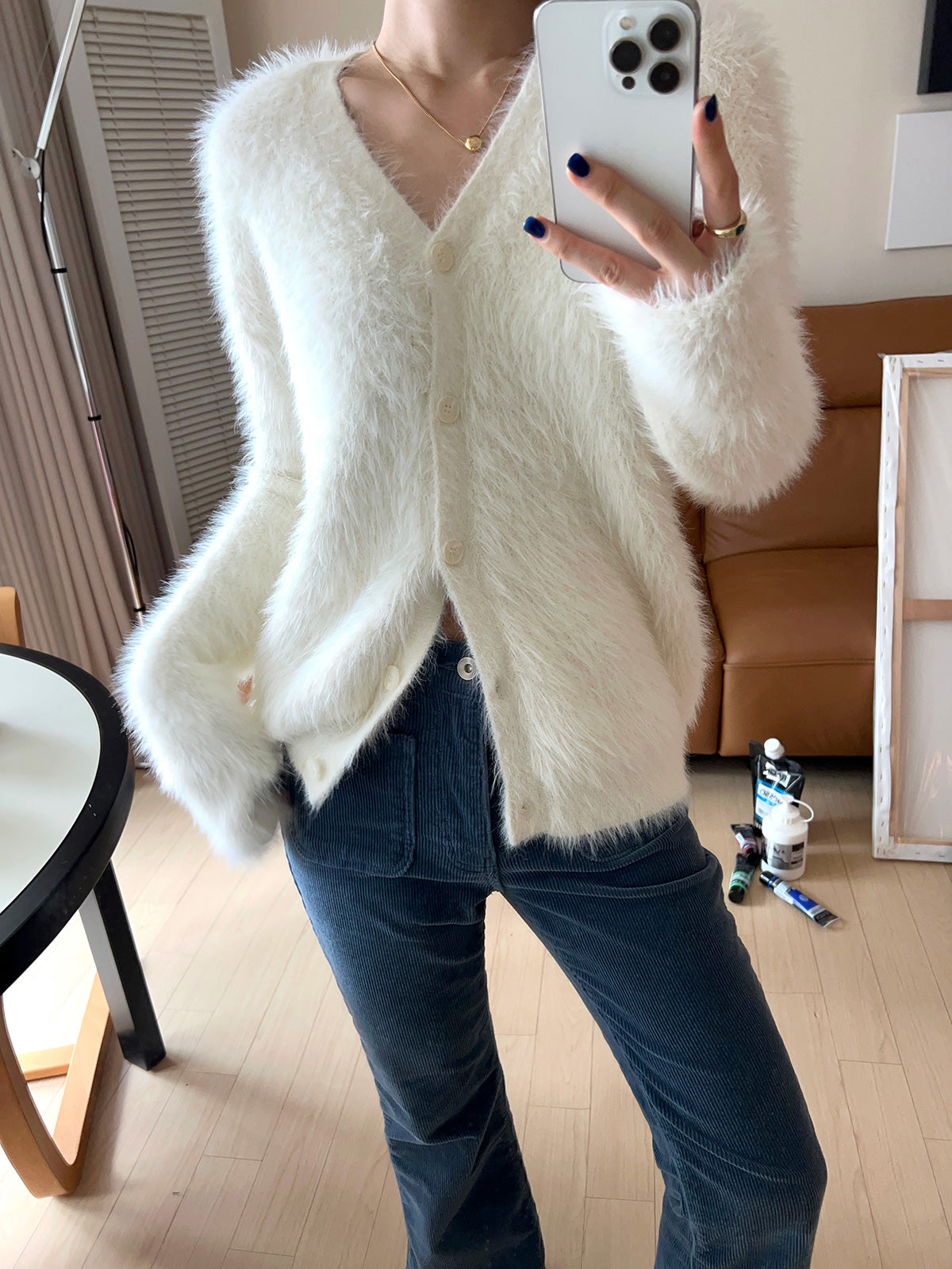 Fuzzy v-neck cardigan